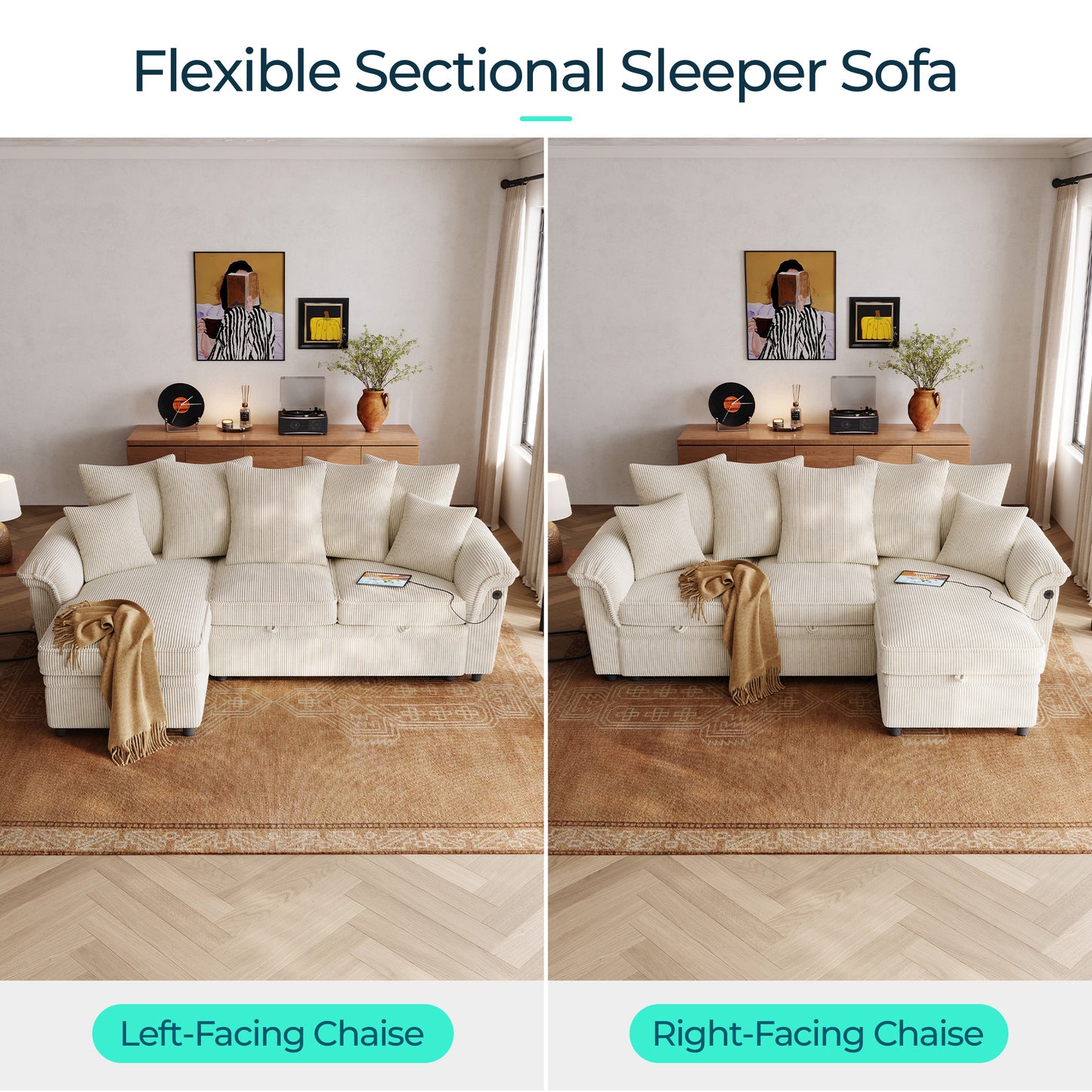 Linsy HS039-02 Pull Out Couch Chaise Lounge, Convertible Loveseat Sofa Couch with Usb & Two Pillows