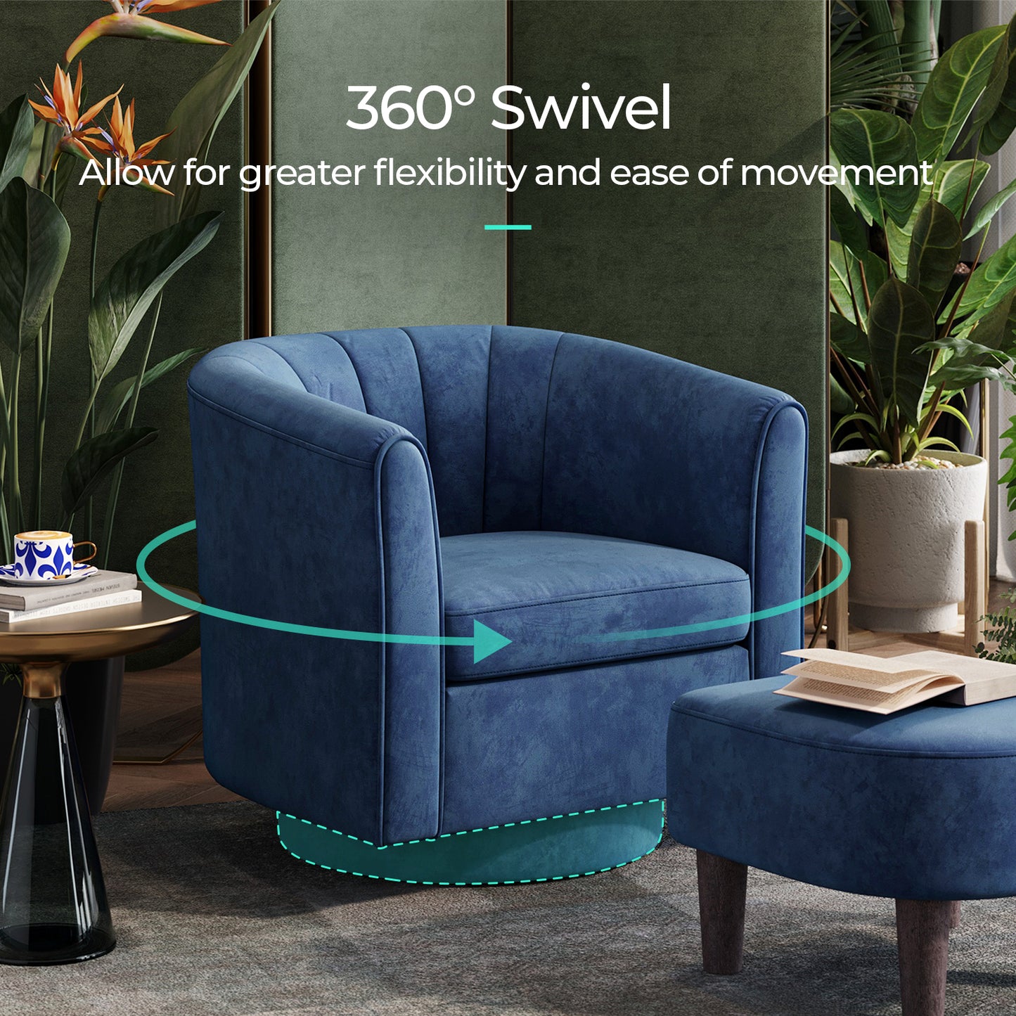 Swivel Accent Chair with Ottoman, Velvet Barrel Chair for Living Room