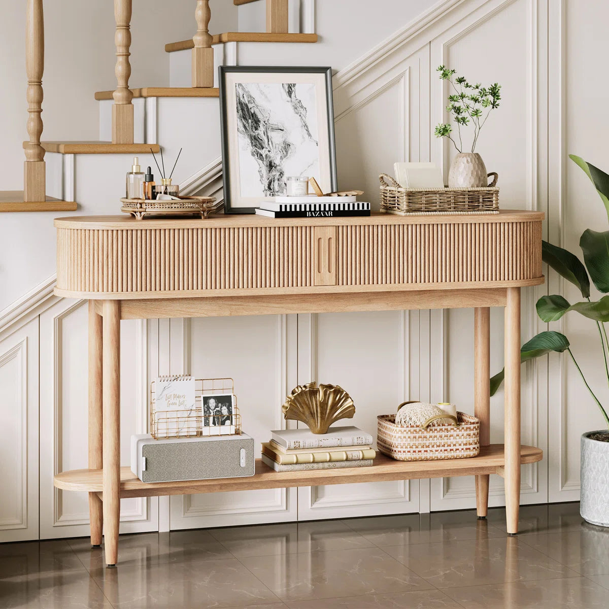 Fluted Console Table, Mid-Century Modern Entryway Cabinet with Sliding Tambour Doors