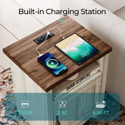 Farmhouse Nightstand, End Table  with Build-in Charging Station for Bedroom, Living room