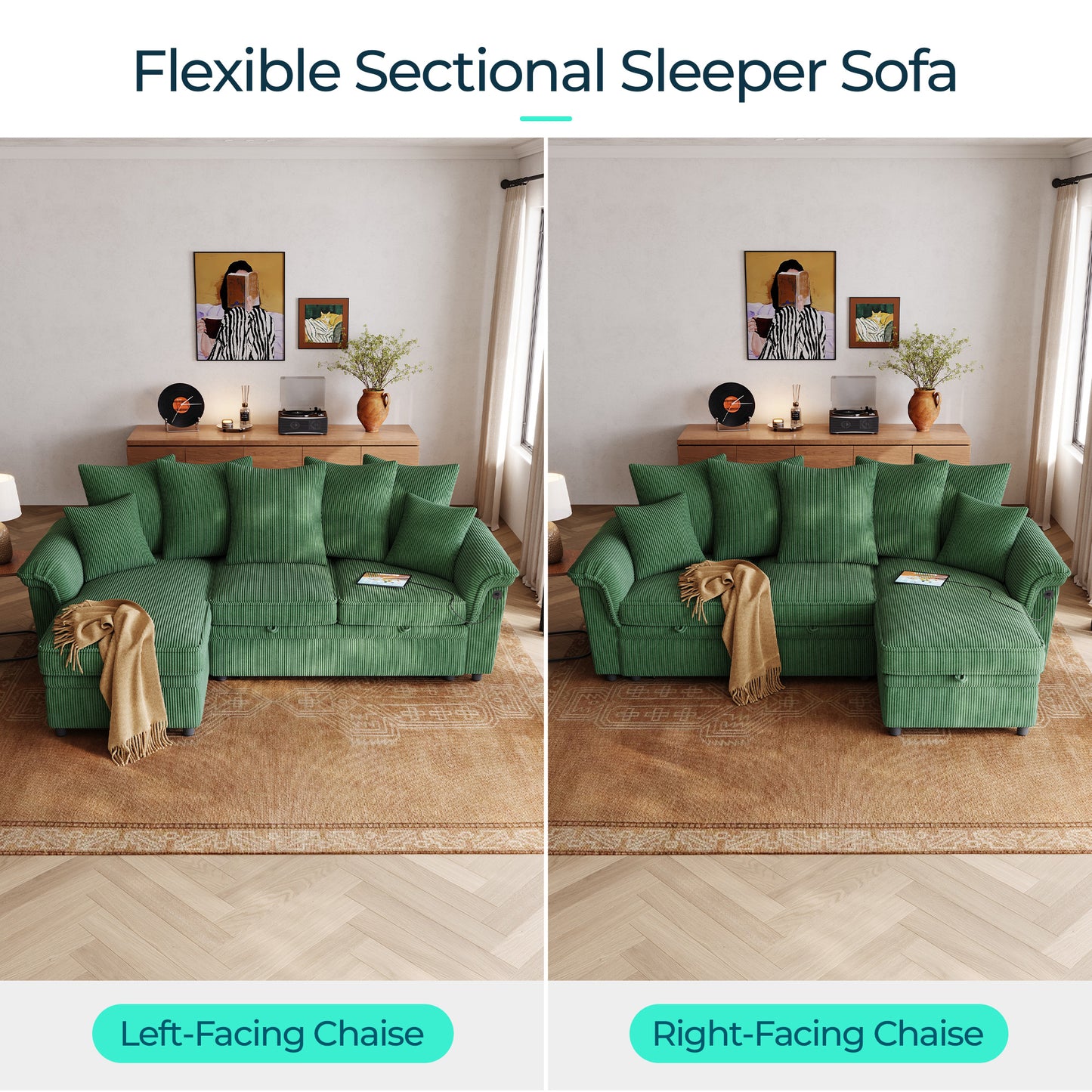 Linsy Home HS039-03 Sofa Bed with Reversible Storage Chaise, Pull Out Couch Bed with USB