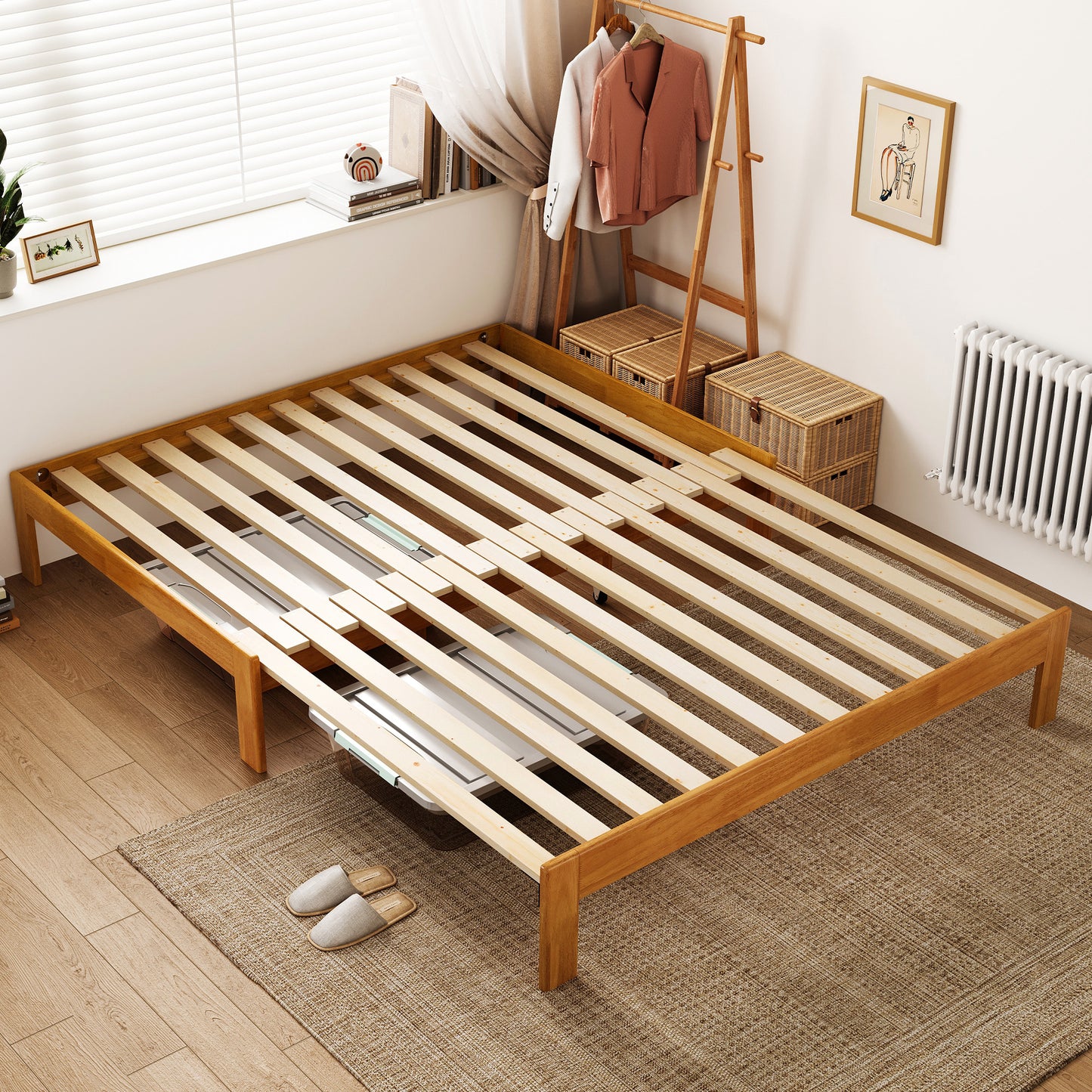 Retractable Bed frame No Headboard, wood Bed Frame with Solid Wood Slat Bases