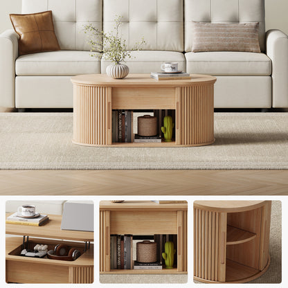 Mid-Century Lift-Top Coffee Table with Fluted Details & Hidden Storage, Sliding Tambour Door