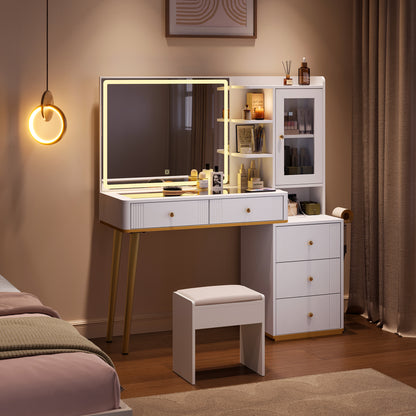 Makeup Vanity Desk with Mirror, Adjustable 3-Color LED and Charging Outlet