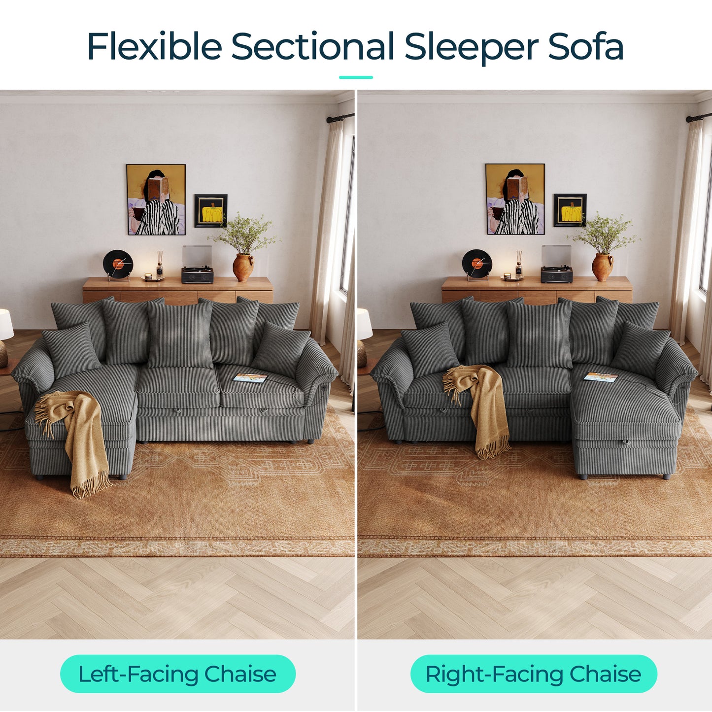 Linsy HS039-02 Pull Out Couch Chaise Lounge, Convertible Loveseat Sofa Couch with Usb & Two Pillows