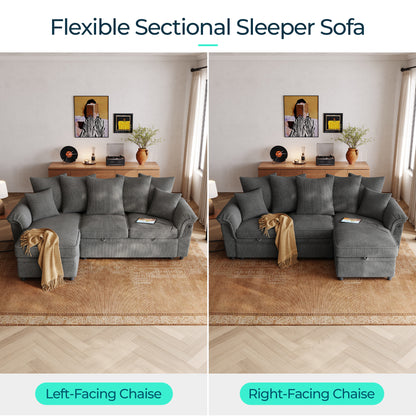 Linsy HS039-02 Pull Out Couch Chaise Lounge, Convertible Loveseat Sofa Couch with Usb & Two Pillows