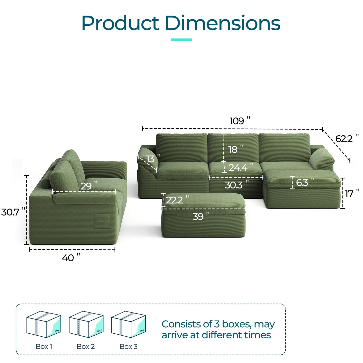 Linsy Home 2 Piece Sofa Set for Living Room, Cloud Modular Sectional Sofa with Deep Seating, Oversized Boneless Couch Set with Corduroy Fabric, Grey