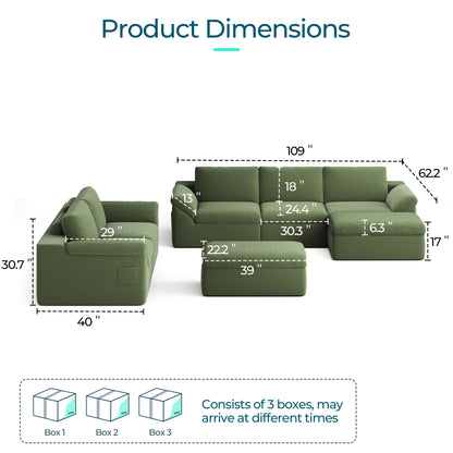 Linsy Home 2 Piece Sofa Set for Living Room, Cloud Modular Sectional Sofa with Deep Seating, Oversized Boneless Couch Set with Corduroy Fabric, Grey