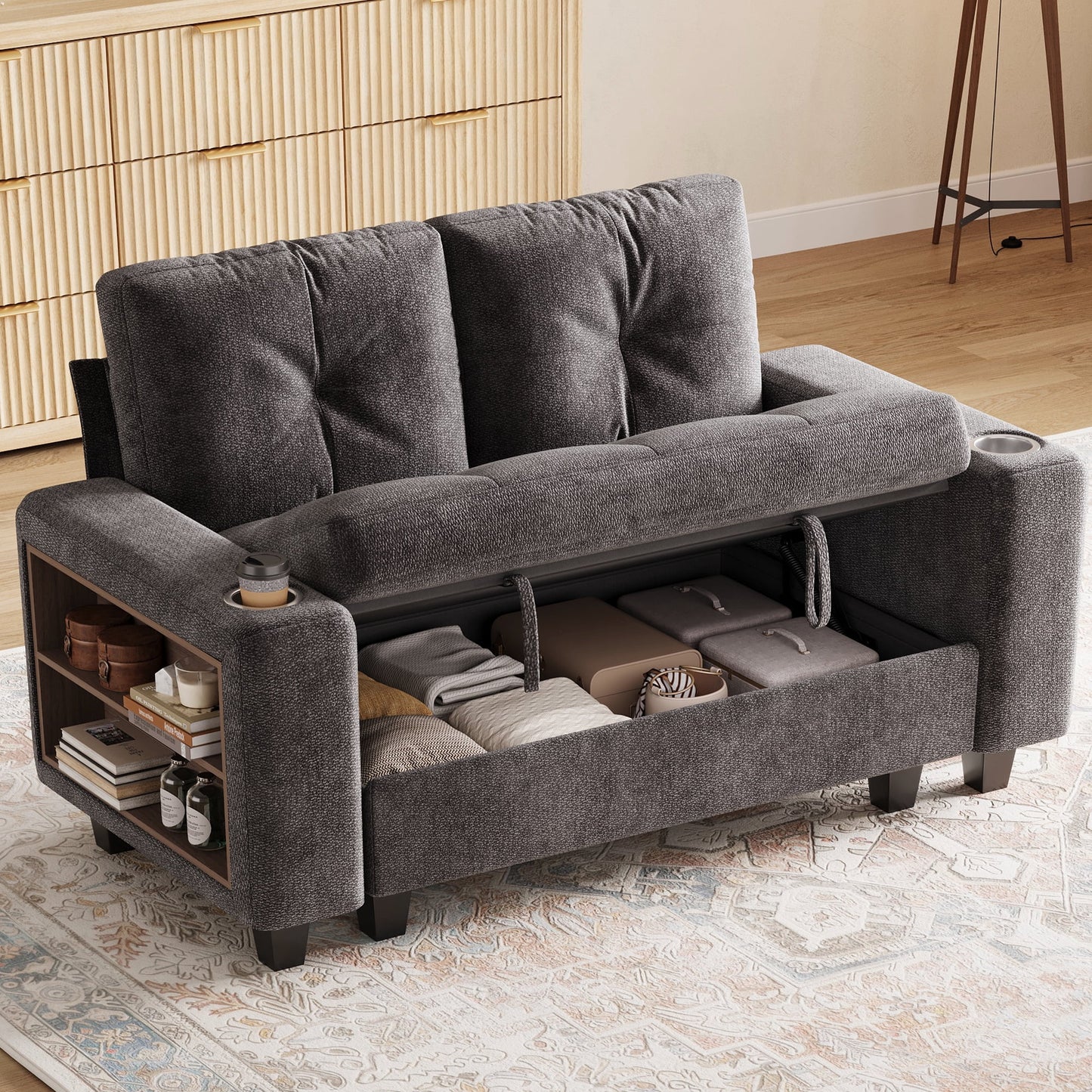 LINSY HOME 57.4in Modular Sectional Loveseat Sofa with Storage & Multi-functional Armrest for Small Spaces, 2-Seat Couch with Shelves, USB Ports & Cup Holders, Chenille Gray