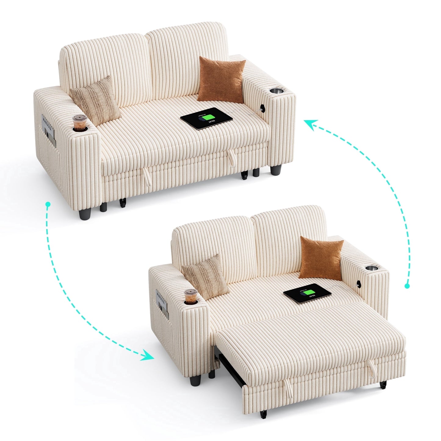 LINSY HOME Pull Out Couch Chaise Lounge for Living Room, Convertible Loveseat Sofa Couch With Usb & Cup Holder