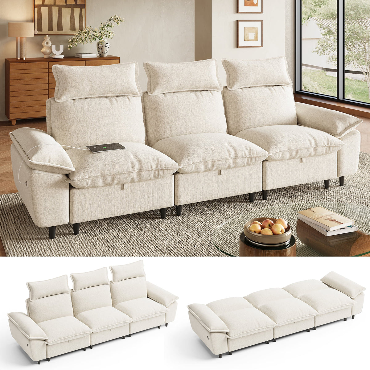 LINSY HOME 106in Sectional Sleeper Sofa with Adjustable Backrests, Chenille Convertible Sofa Bed with Storage, Removable Headrest & USB Charging for Living Room, Beige