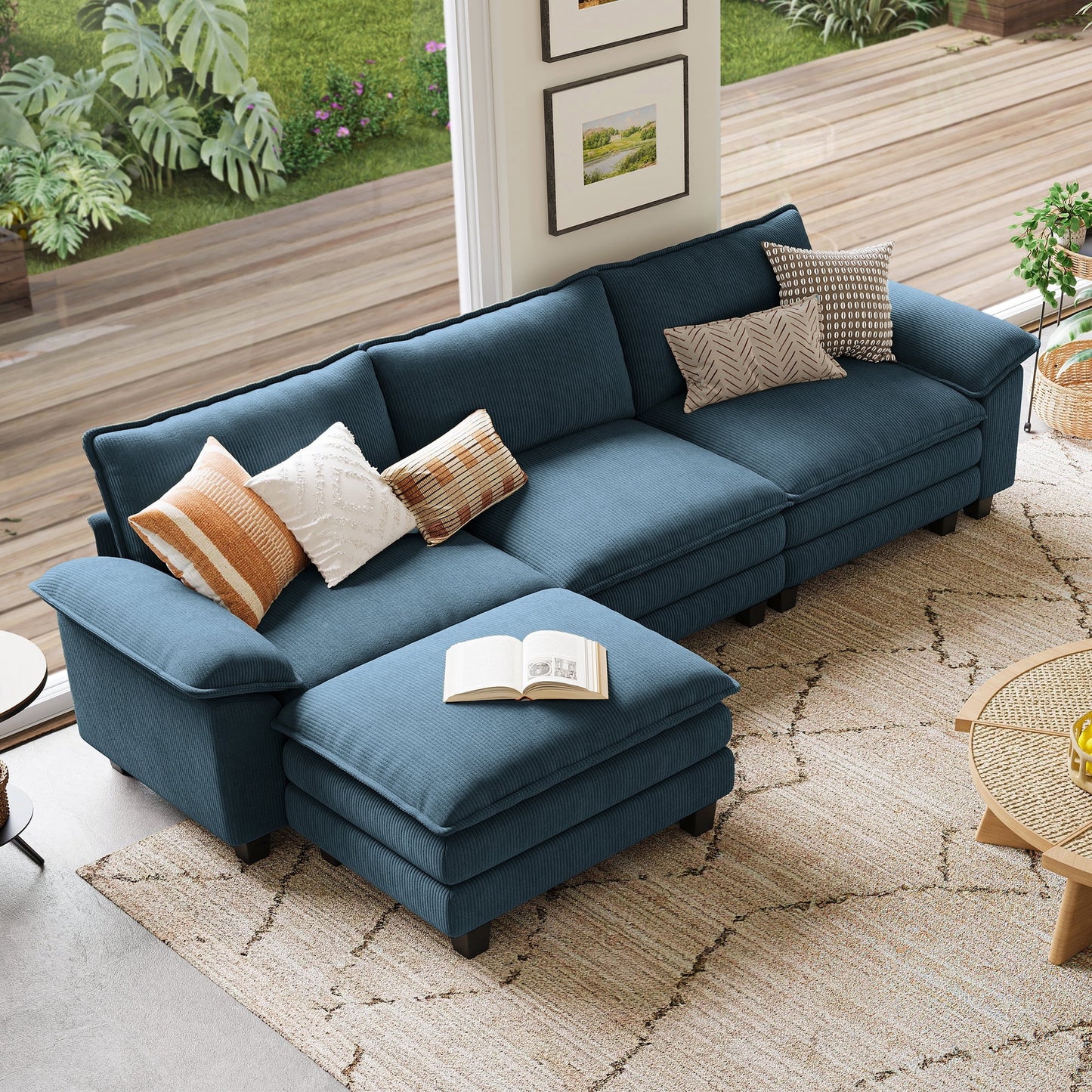 Linsy Home 123in Cloud Modular Sectional Sofa for Living Room, L-Shaped Cloud Sofa Couch with Corduroy Fabric, 3 Seat Oversized Couch with Movable Ottoman
