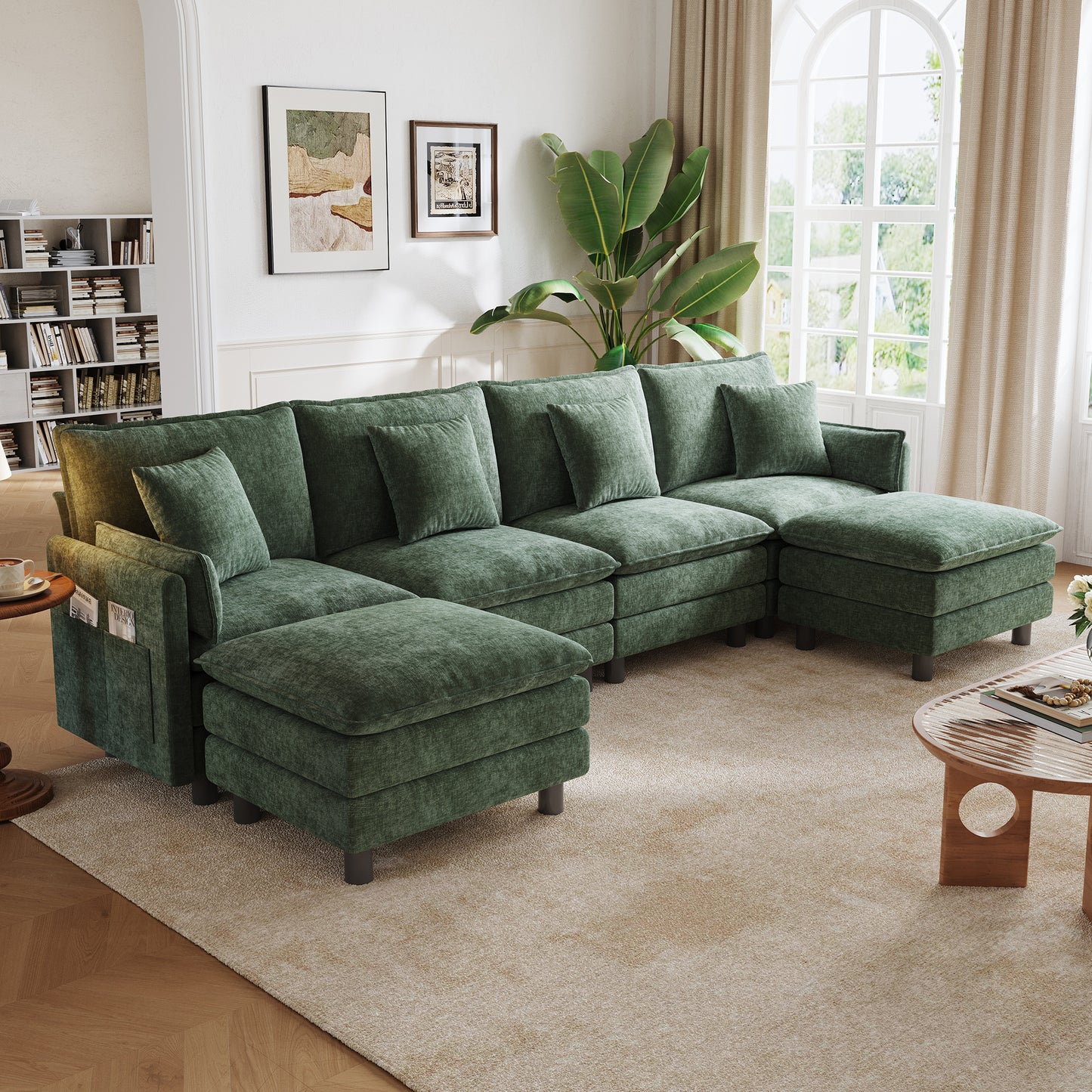 LINSY HOME HS066 Modular Sofa, 3 Seater with Ottoman for Living Room Sofa, Sectional Sofa Couch for Big House, Green