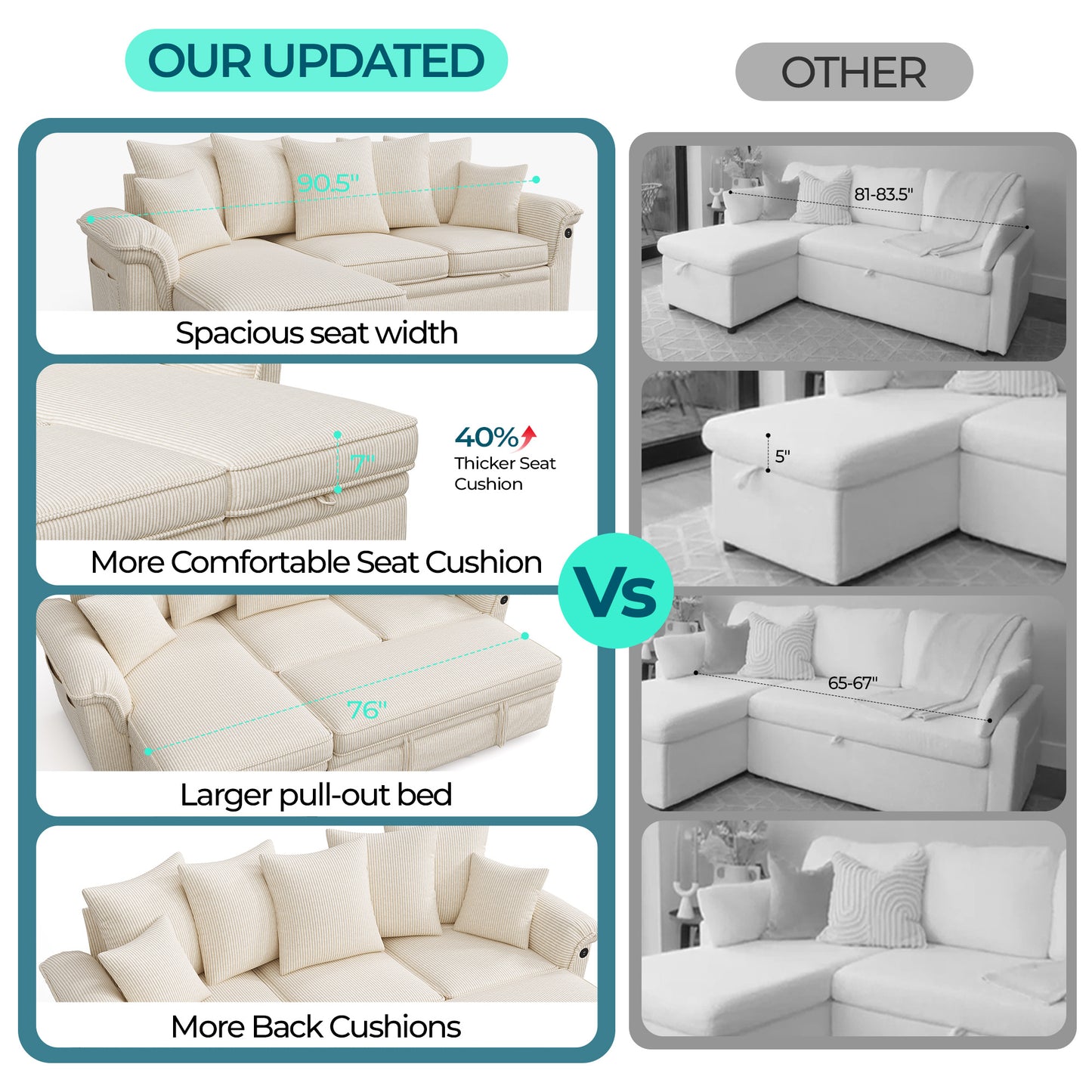Linsy HS039-02 Pull Out Couch Chaise Lounge, Convertible Loveseat Sofa Couch with Usb & Two Pillows