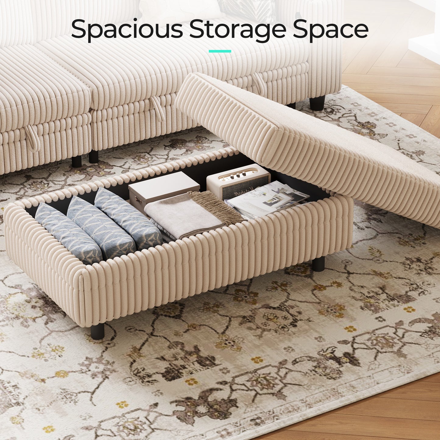 LINSY HOME Corduroy Storage Ottoman Bench, Upholstered End of Bed Bench with Hidden Storage