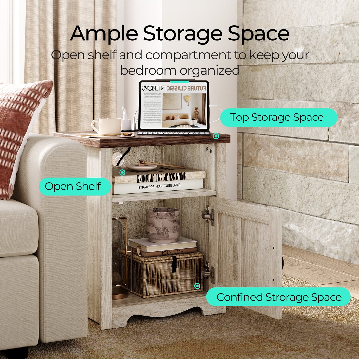 Farmhouse Nightstand, End Table  with Build-in Charging Station for Bedroom, Living room