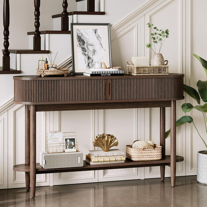 Fluted Console Table, Mid-Century Modern Entryway Cabinet with Sliding Tambour Doors