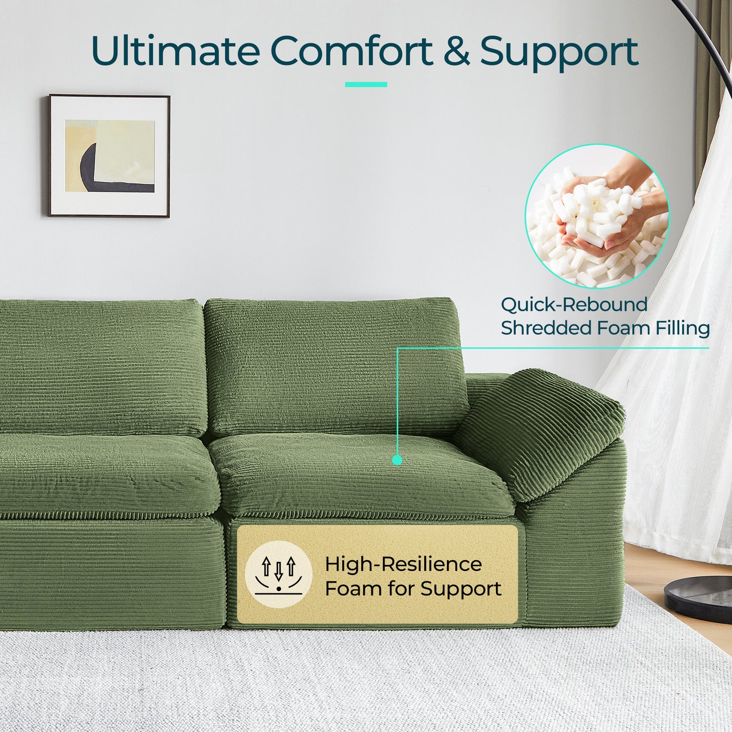 Linsy Home 2 Piece Sofa Set for Living Room, Cloud Modular Sectional Sofa with Deep Seating, Oversized Boneless Couch Set with Corduroy Fabric, Grey