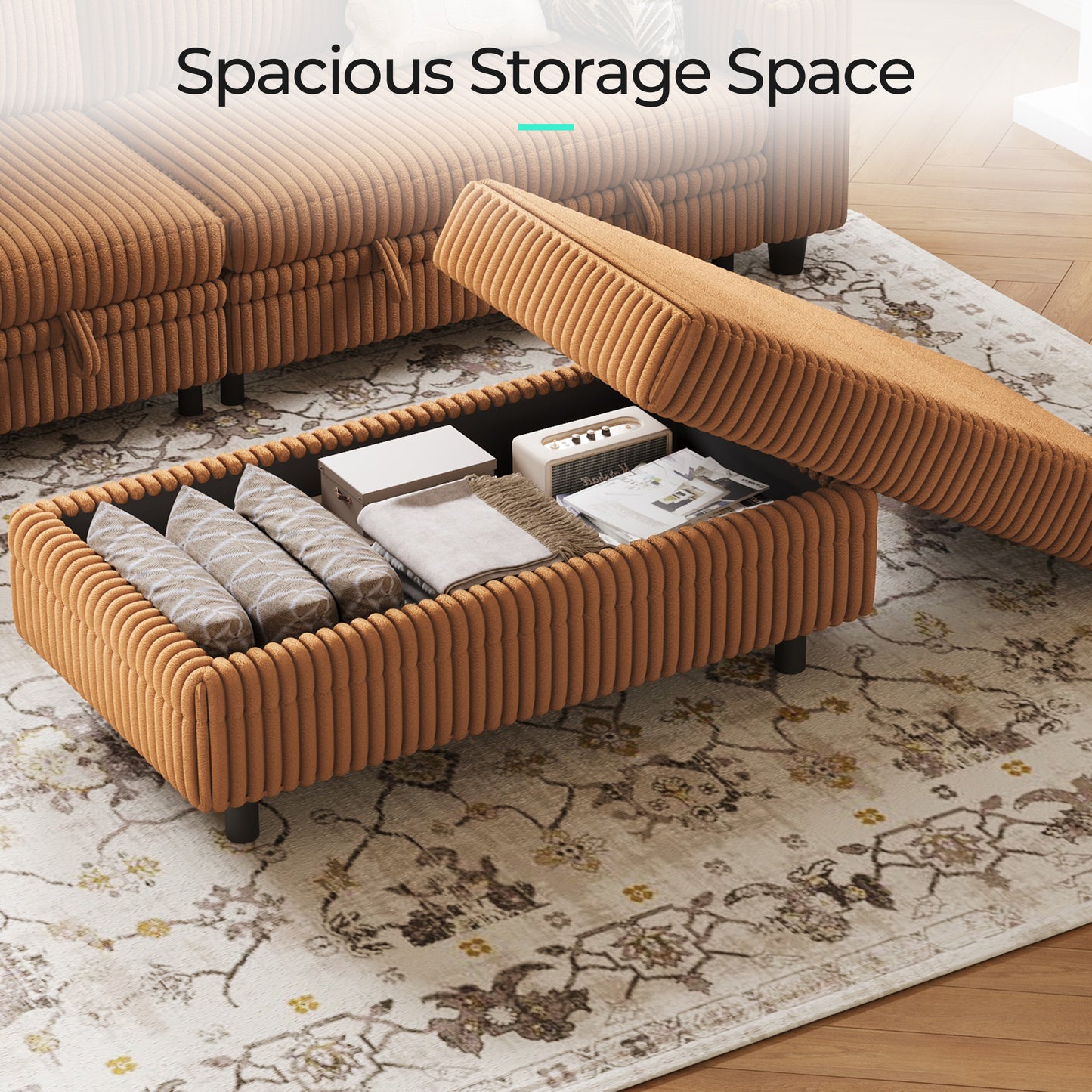 LINSY HOME Corduroy Storage Ottoman Bench, Upholstered End of Bed Bench with Hidden Storage