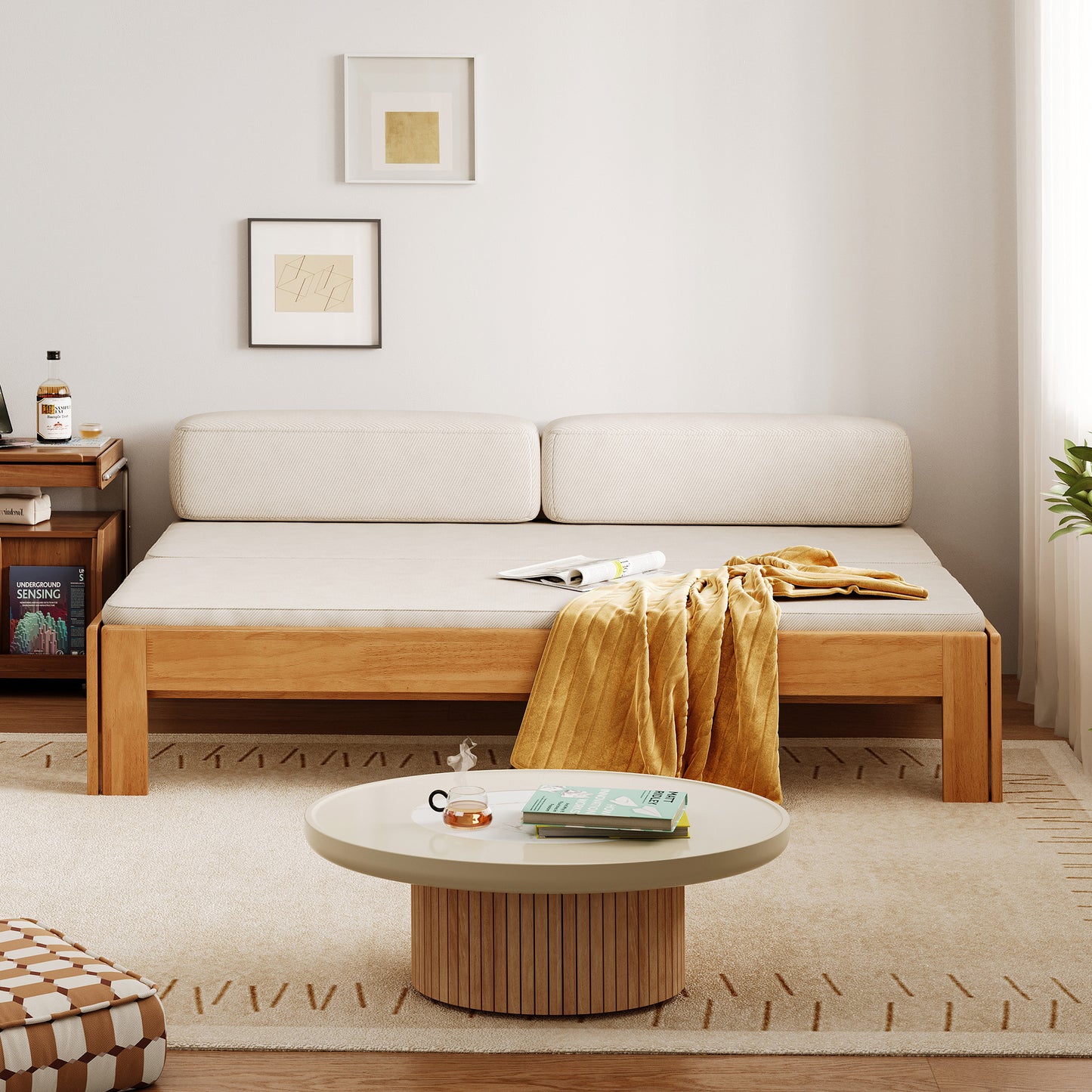 Retractable Bed frame No Headboard, wood Bed Frame with Solid Wood Slat Bases