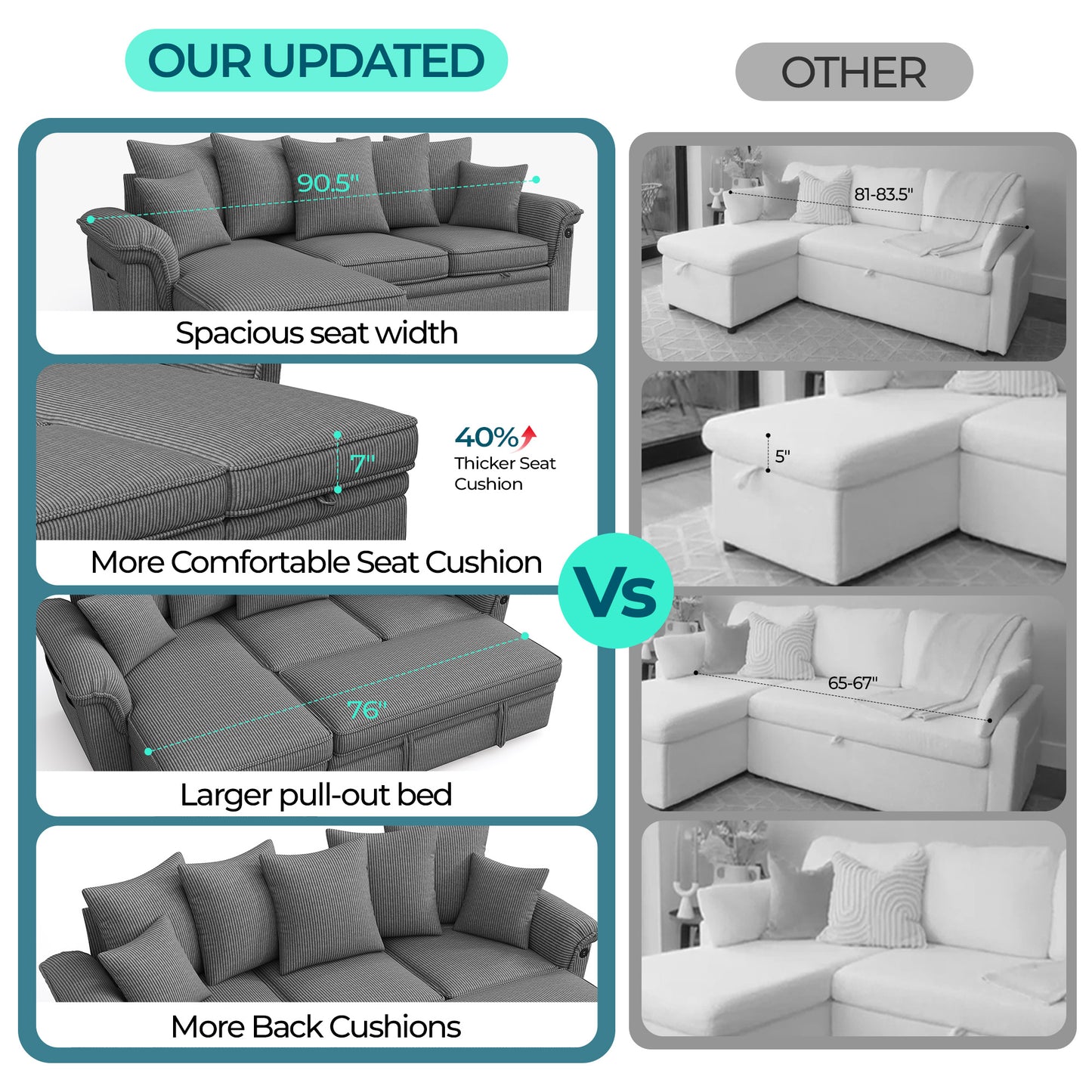 Linsy HS039-02 Pull Out Couch Chaise Lounge, Convertible Loveseat Sofa Couch with Usb & Two Pillows