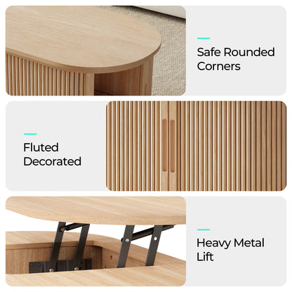 Mid-Century Lift-Top Coffee Table with Fluted Details & Hidden Storage, Sliding Tambour Door