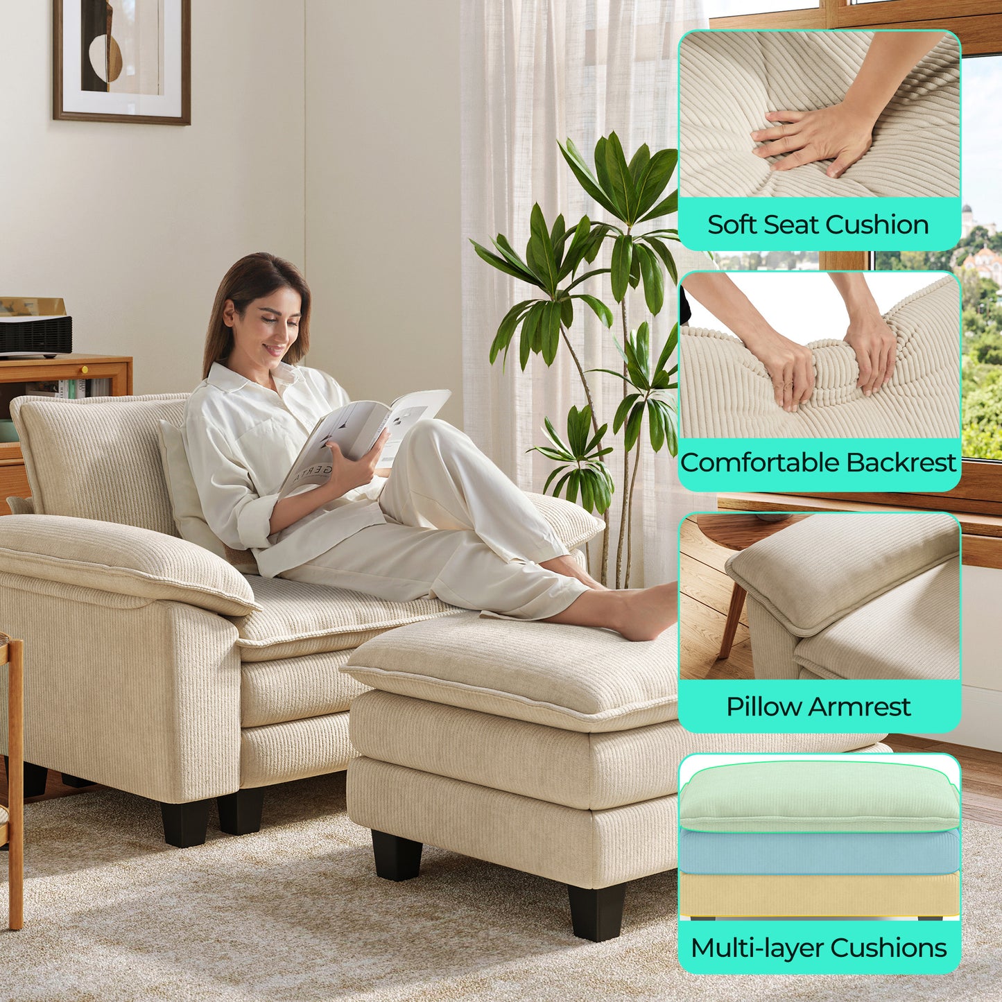 Corduroy Cloud Modular Sofa with Deep Cushions & Wide Arms