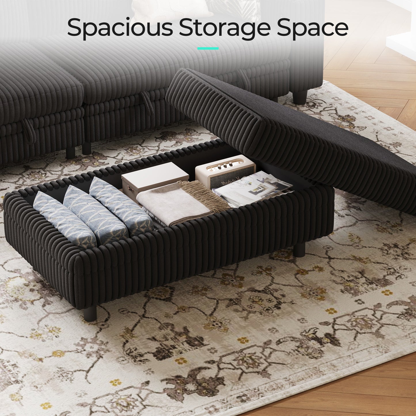 LINSY HOME Corduroy Storage Ottoman Bench, Upholstered End of Bed Bench with Hidden Storage