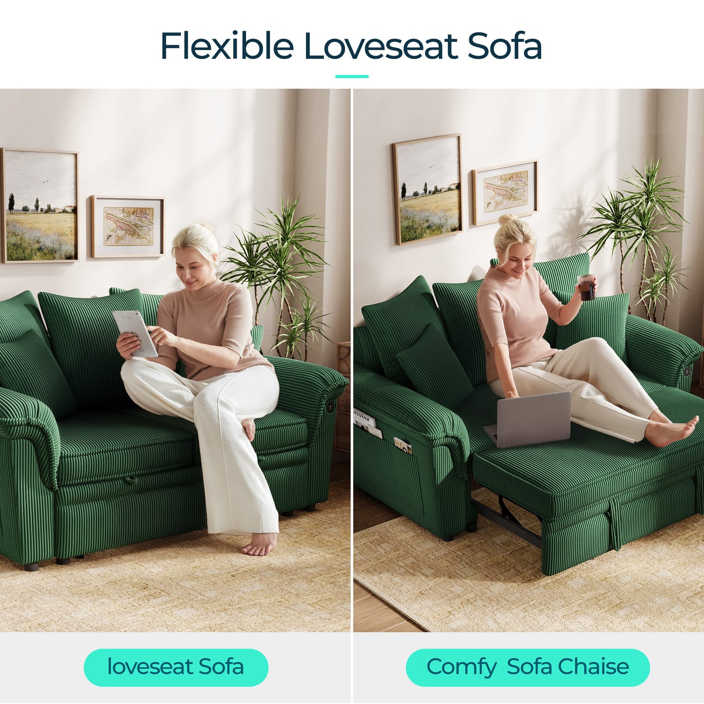 Linsy HS039-01 Pull Out Couch Chaise Lounge, Convertible Loveseat Sofa Couch with Usb & Two Pillows