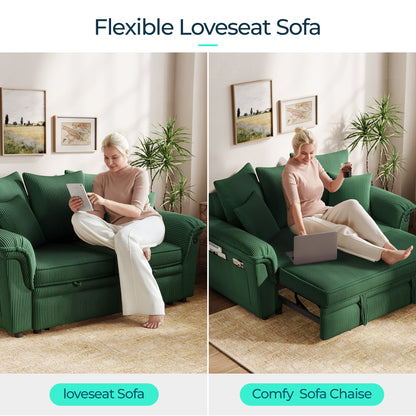 Linsy HS039-01 Pull Out Couch Chaise Lounge, Convertible Loveseat Sofa Couch with Usb & Two Pillows