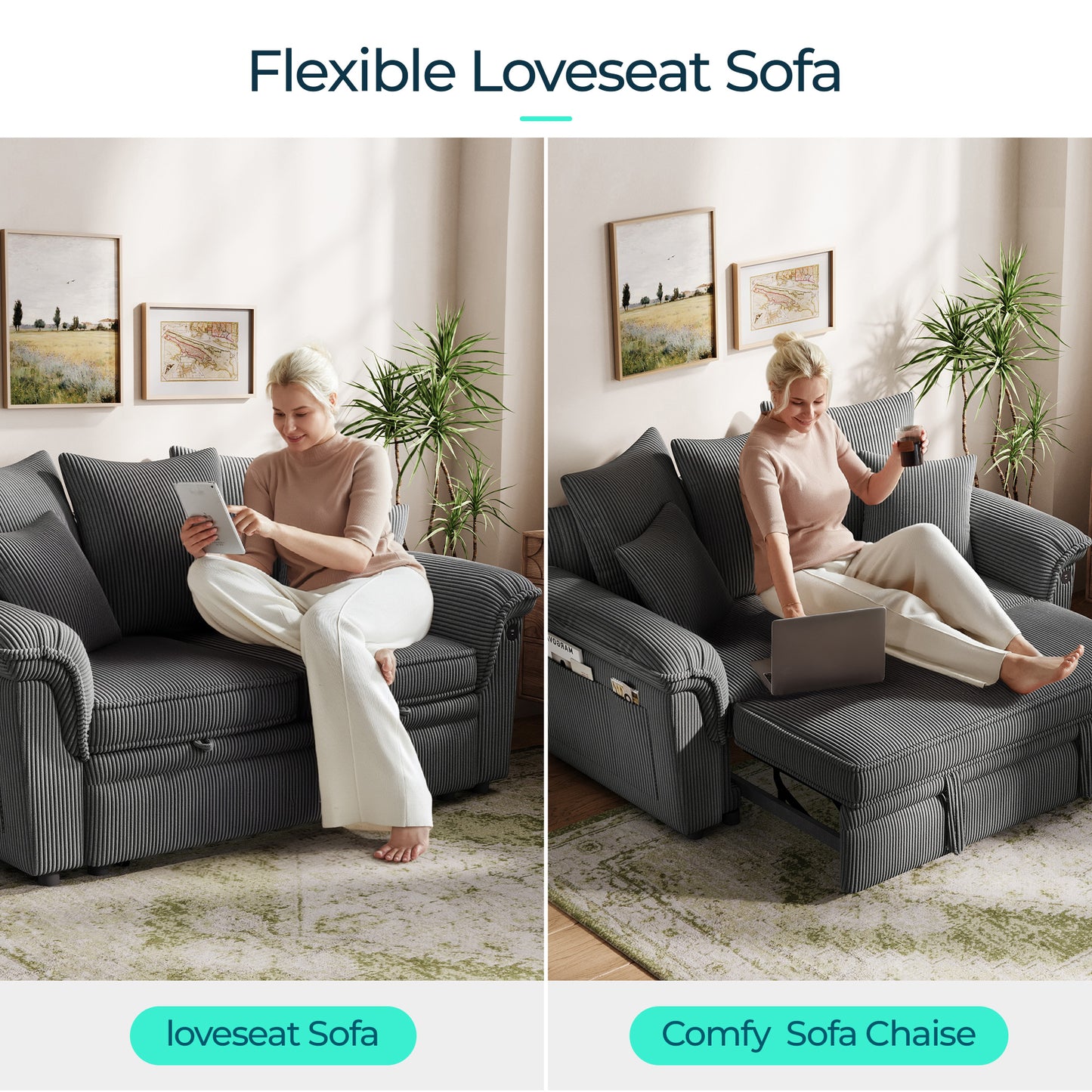 Linsy HS039-01 Pull Out Couch Chaise Lounge, Convertible Loveseat Sofa Couch with Usb & Two Pillows
