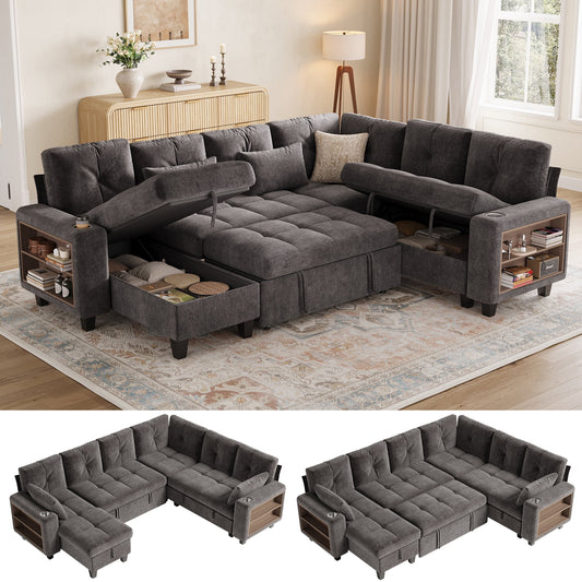 LINSY HOME 107in Modular Sectional Sofa with Pull Out Bed, Multi-functional Armrest & Storage Chaise, 6-Seat Pull Out Couch with Shelves, USB Ports & Cup Holders, Chenille Gray