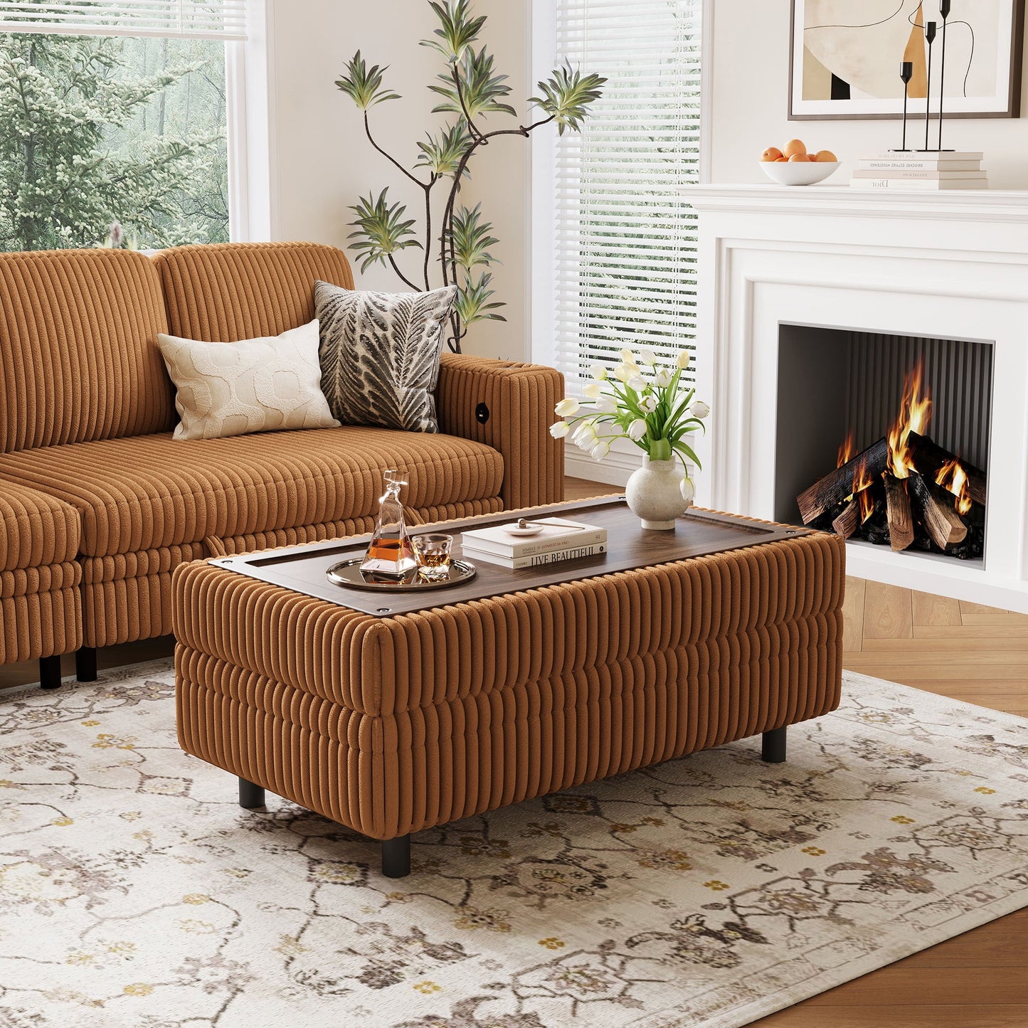 Linsy Home Plush Corduroy Storage Ottoman, Upholstered Ottoman Bench for Sofa, Coffee Table or Footrest, for Living Room, Bedroom or Entryway