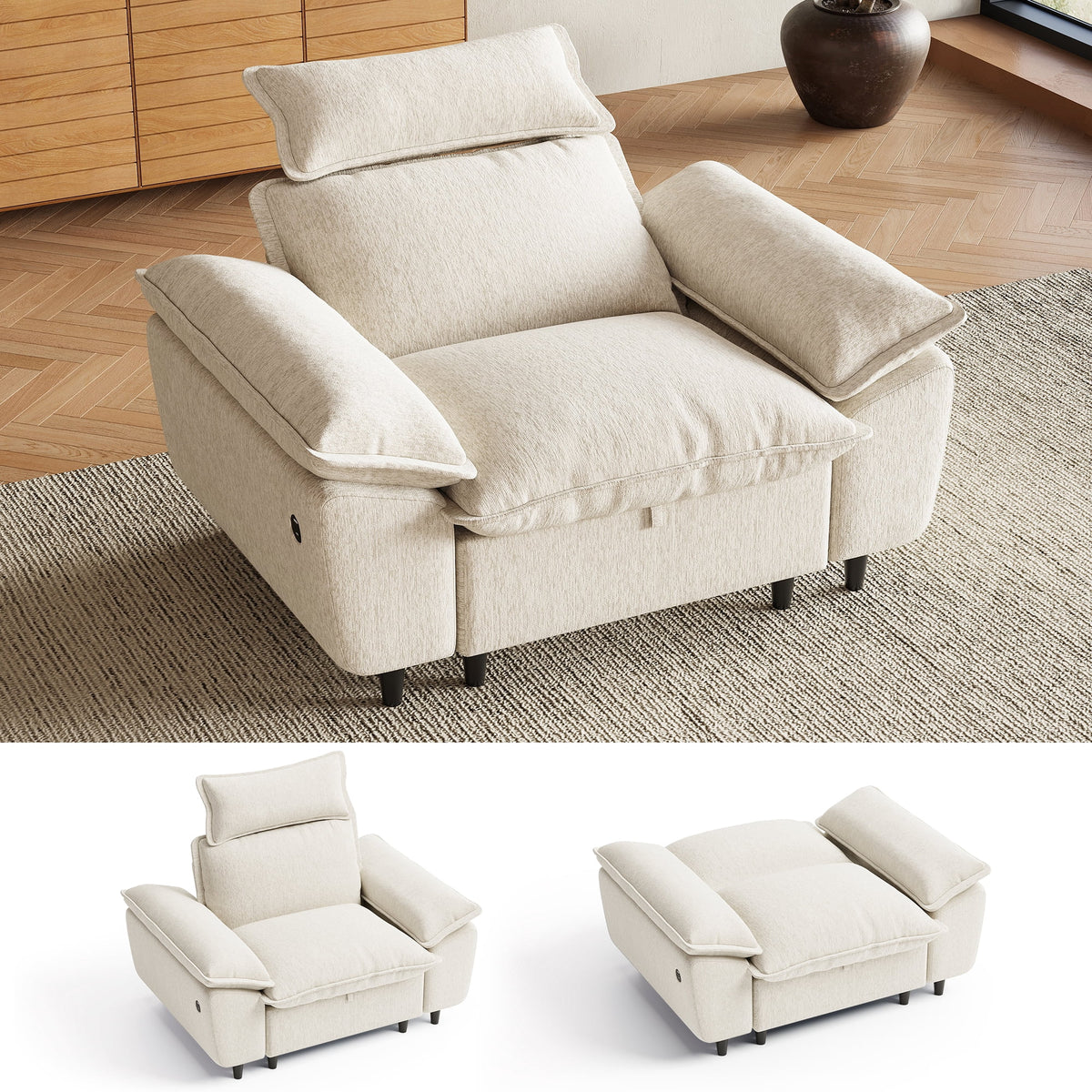 LINSY HOME 49.6in Sectional Sleeper Sofa with Adjustable Backrests, Chenille Convertible Sofa Bed with Storage, Removable Headrest & USB Charging for Living Room, Beige