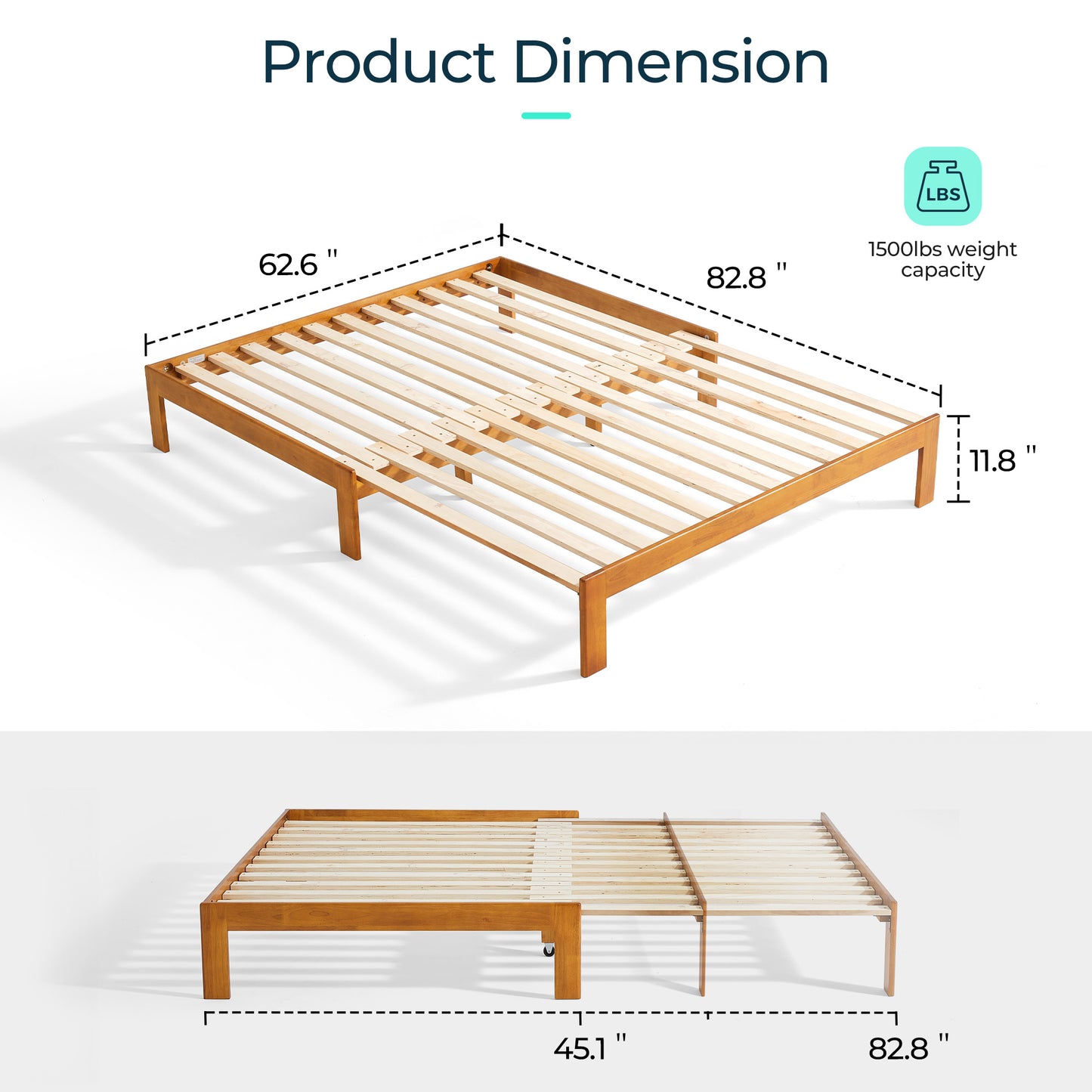 Retractable Bed frame No Headboard, wood Bed Frame with Solid Wood Slat Bases
