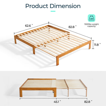 Retractable Bed frame No Headboard, wood Bed Frame with Solid Wood Slat Bases