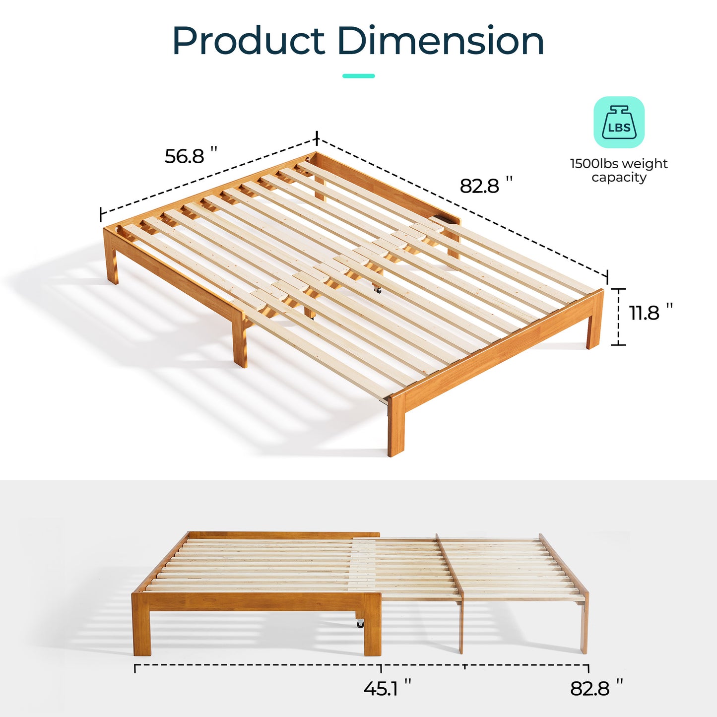 Retractable Bed frame No Headboard, wood Bed Frame with Solid Wood Slat Bases