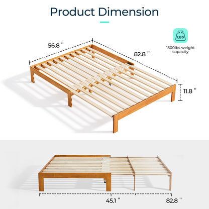 Retractable Bed frame No Headboard, wood Bed Frame with Solid Wood Slat Bases