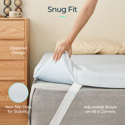 3" Full Size Gel Memory Foam Mattress Topper with Removable Cover, Straps & Non-Slip Bottom