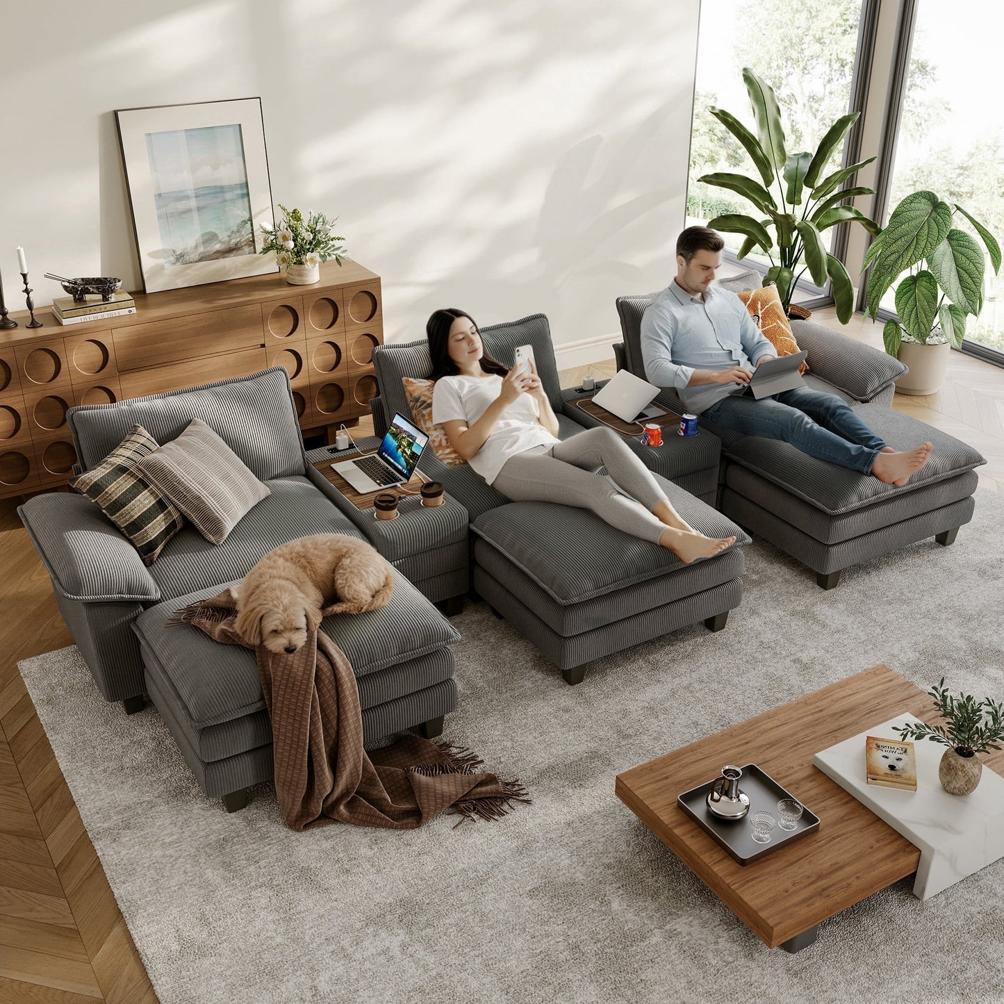 Linsy Home Oversized Modular Cloud Sectional Sofa with 3 Ottomans, 6 Seat Couches and Sofas Sectional with Versatile Console