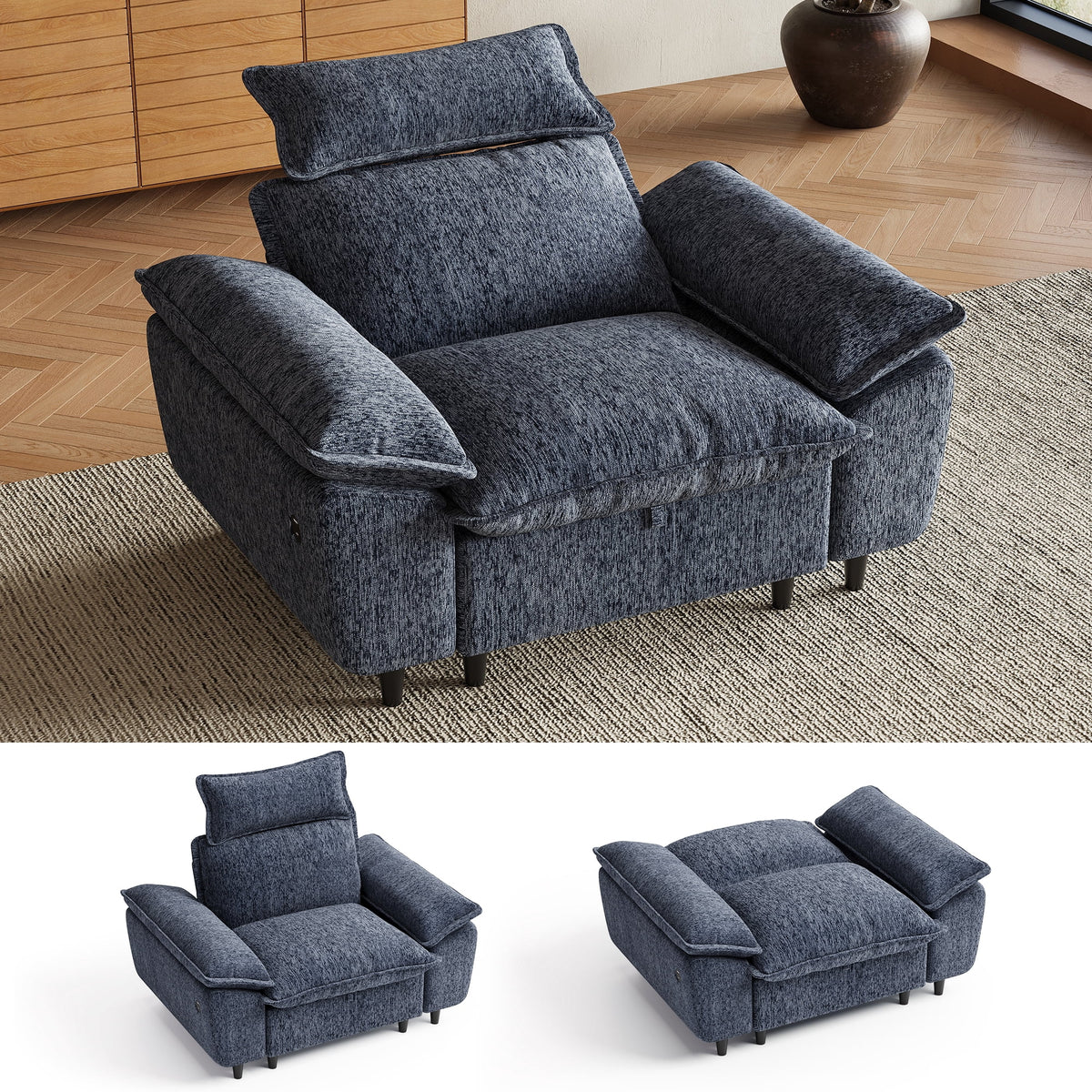 LINSY HOME 49.6in Sectional Sleeper Sofa with Adjustable Backrests, Chenille Convertible Sofa Bed with Storage, Removable Headrest & USB Charging for Living Room, Dark Blue