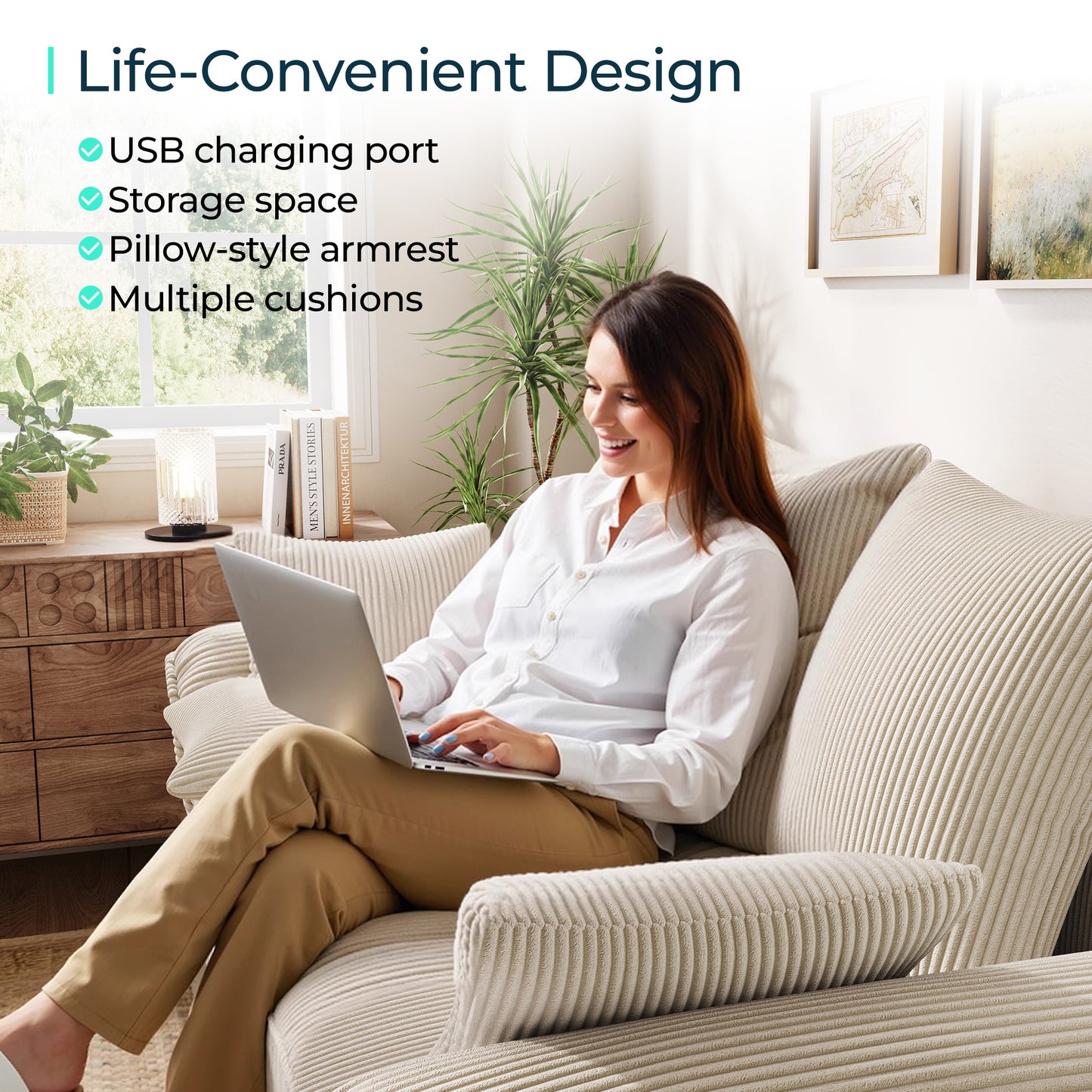 Linsy HS039-02 Pull Out Couch Chaise Lounge, Convertible Loveseat Sofa Couch with Usb & Two Pillows
