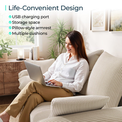 Linsy HS039-02 Pull Out Couch Chaise Lounge, Convertible Loveseat Sofa Couch with Usb & Two Pillows