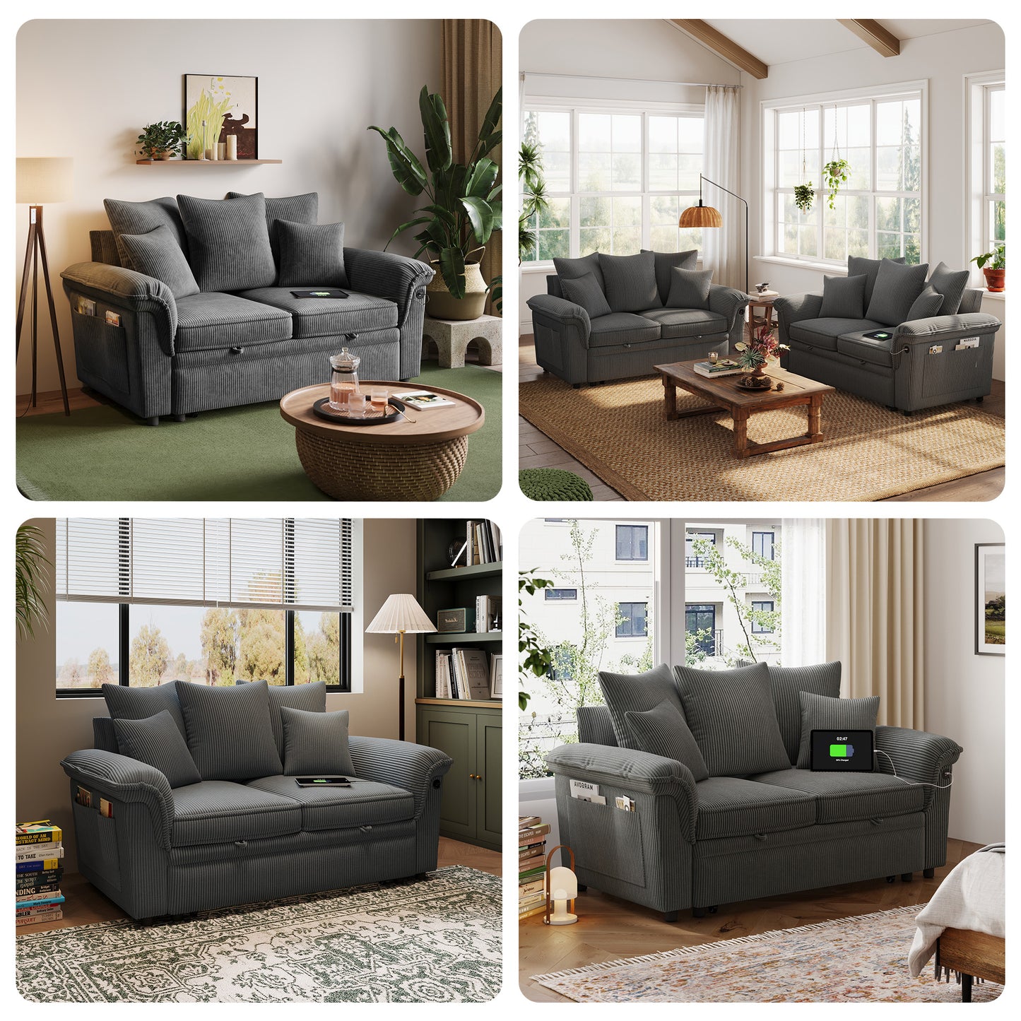 Linsy HS039-01 Pull Out Couch Chaise Lounge, Convertible Loveseat Sofa Couch with Usb & Two Pillows