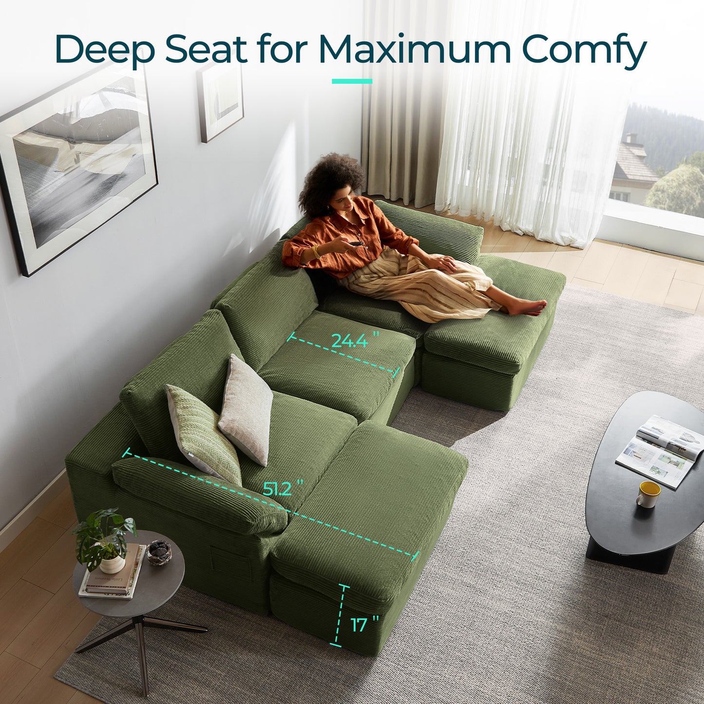Linsy Home 2 Piece Sofa Set for Living Room, Cloud Modular Sectional Sofa with Deep Seating, Oversized Boneless Couch Set with Corduroy Fabric, Grey