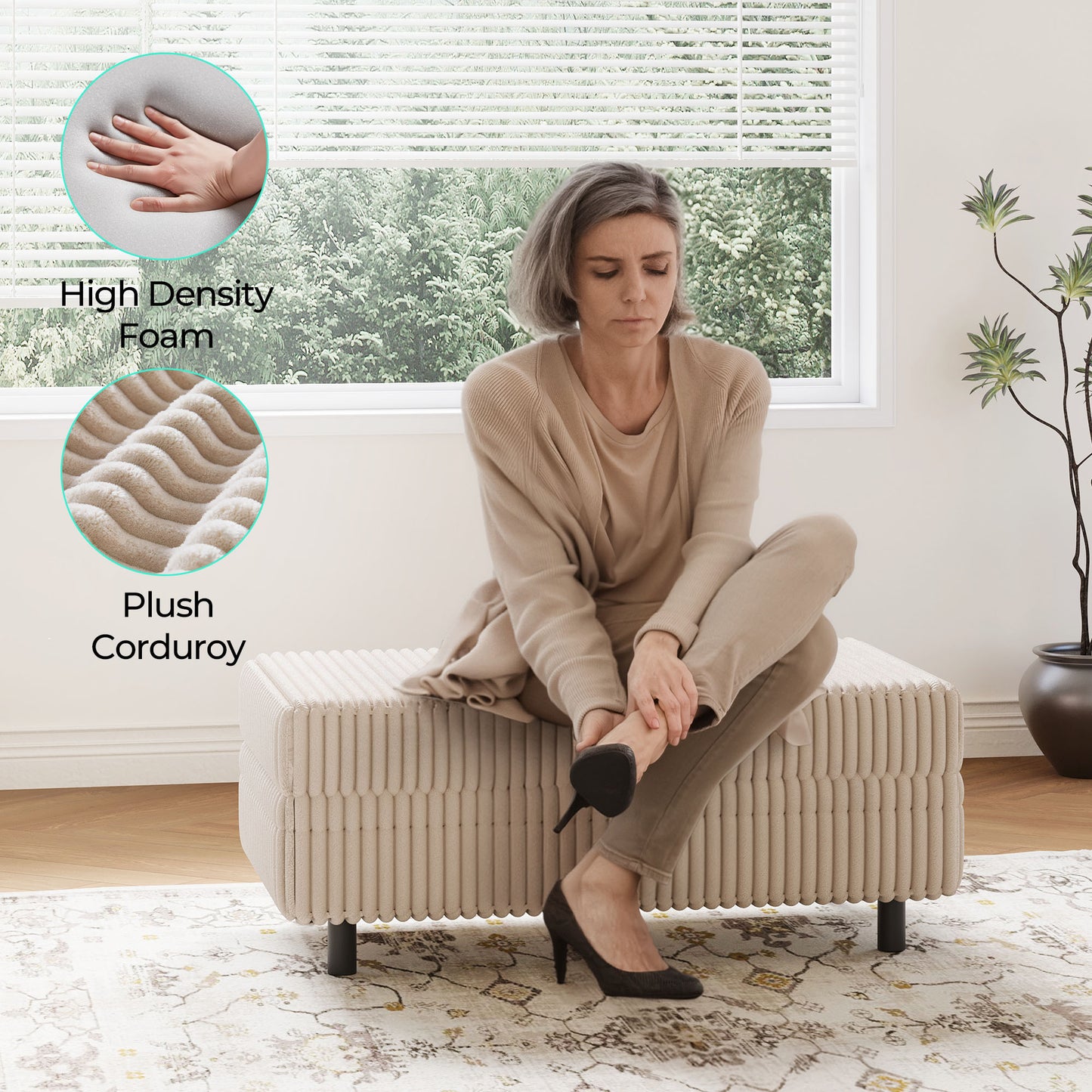 LINSY HOME Corduroy Storage Ottoman Bench, Upholstered End of Bed Bench with Hidden Storage