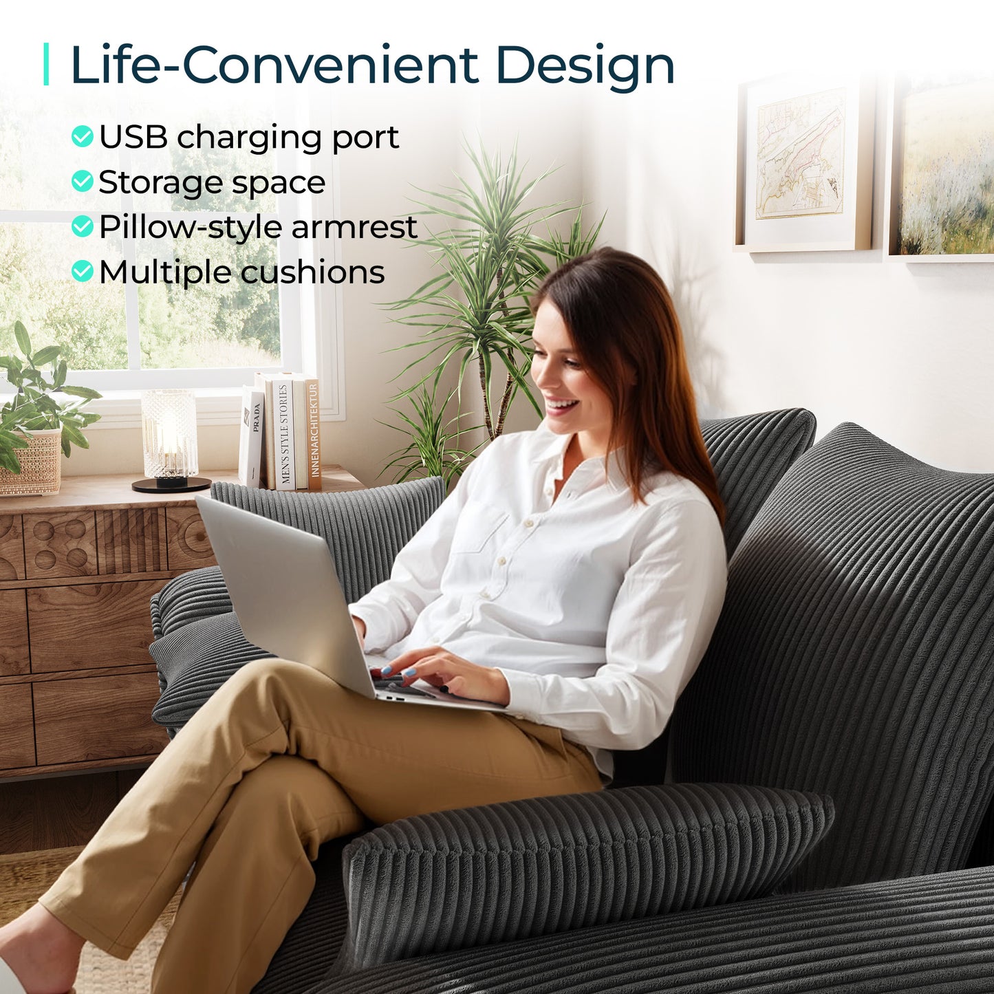 Linsy HS039-02 Pull Out Couch Chaise Lounge, Convertible Loveseat Sofa Couch with Usb & Two Pillows