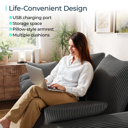 Linsy HS039-02 Pull Out Couch Chaise Lounge, Convertible Loveseat Sofa Couch with Usb & Two Pillows