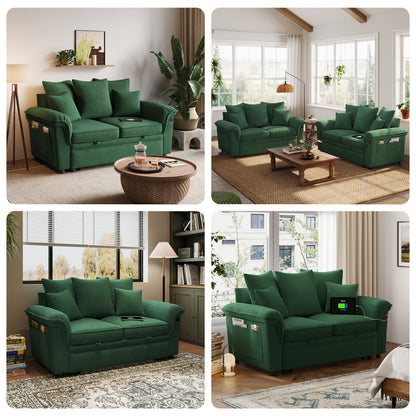Linsy HS039-01 Pull Out Couch Chaise Lounge, Convertible Loveseat Sofa Couch with Usb & Two Pillows