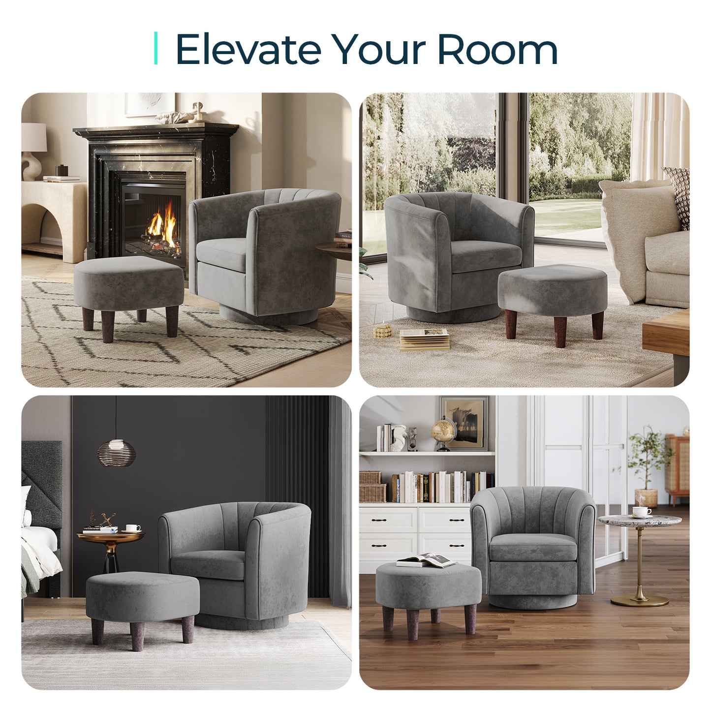 Swivel Accent Chair with Ottoman, Velvet Barrel Chair for Living Room